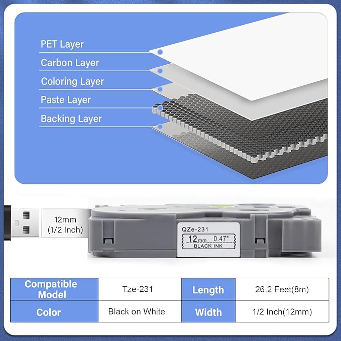 8pack 12mm 0.47'' TZe TZ Tape Laminated White Label Maker Tape Replacement for Brother P Touch Label Tape TZe-231 TZe231 Compatible with Brother PT-D210 PT-D220 PT-H110 PT-D410 PT-P710BT