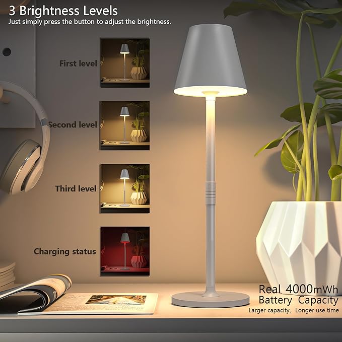 Timjorman 2-Pack Cordless Table Lamps - 4000mAh Rechargeable Battery Operated Desk Lamp, 3-Level Dimmable LED Night Light for Bedroom, Dining, Restaurant - Metal Design (White 2-Pack)