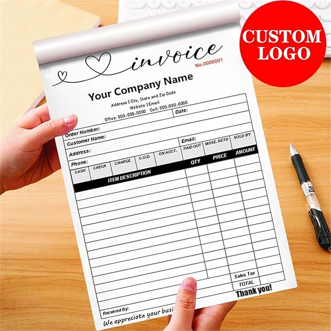 Custom Invoice Book in 3-Part /2-Part Receipt Book with Carbon Copies Personalized Carbonless Service Invoice Form Books Sales Order Book with Company Name Logo Address,F-Invoice Book with Logo