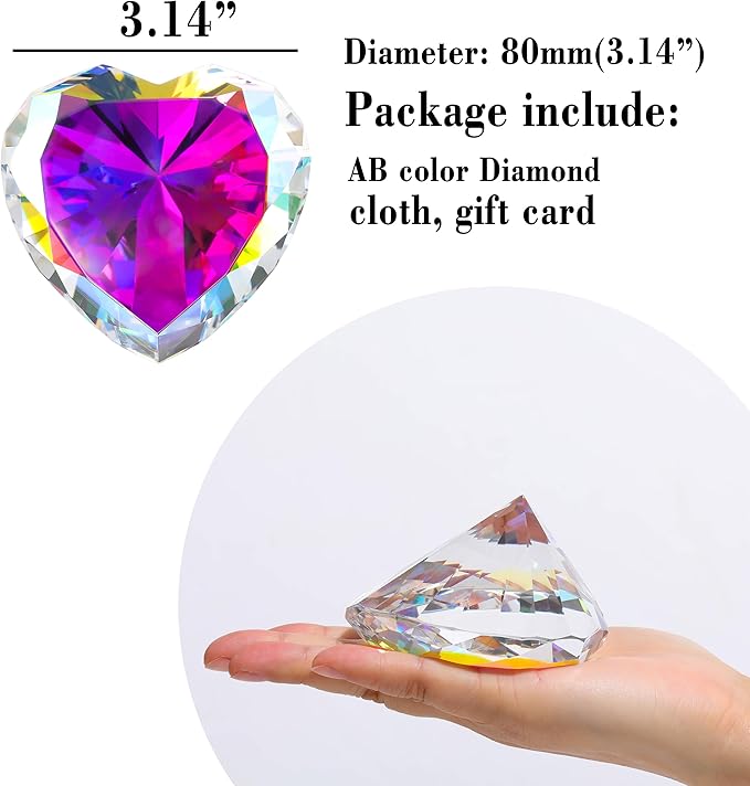 AB COLOR Crystal Diamonds Paper Weights with Gift Box, 80mm Heart Shape Real Crystal Diamond Glass Gems Paperweight, Big Diamonds Birthday Anniversary Women Her Valentine's Day Gift