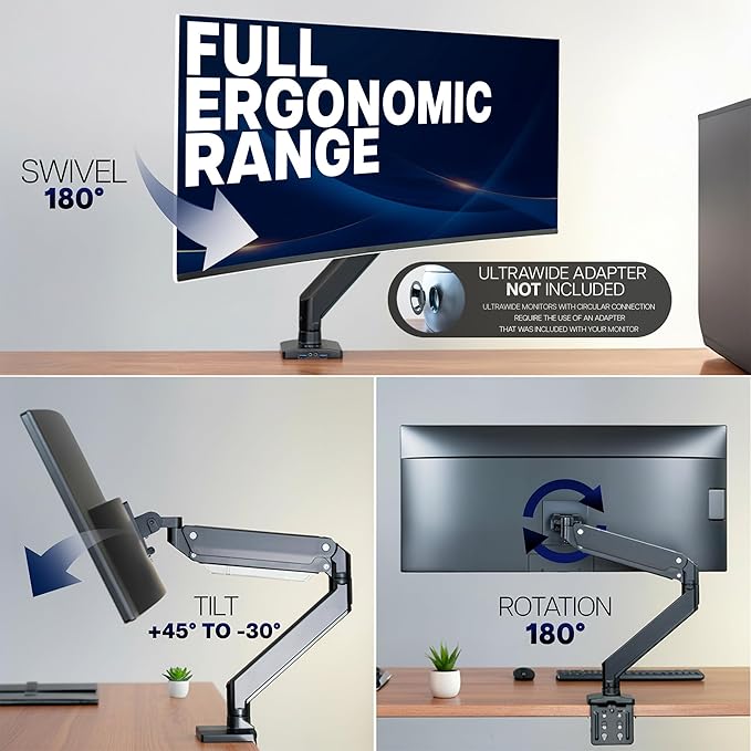 VIVO Premium Aluminum Heavy Duty Monitor Arm with 3.0 USB Ports, Fits Ultrawide Monitors up to 49 inches and 33 lbs, Single Desk Mount Stand, Pneumatic Height, Max VESA 100x100, Black, STAND-V101G1U