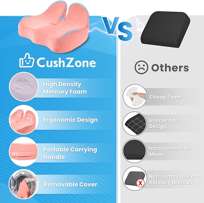 CushZone Seat Cushion, Memory Foam Office Chair Seat Cushion for Office Chairs/Car/Long Trip/Desk Chair/Gaming, X-Large Size for Sciatica & Hip & Tailbone Pain Relief, Sciatica Support (Pink)