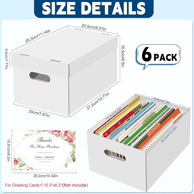 6Pack Greeting Card Organizer, Greeting Card Storage Box with 40 Dividers Holds 900 Cards+, Large Capacity Greeting Card Holder with 8 Sticker Labels White Card Box for Storing Cards, Photos, Postcard