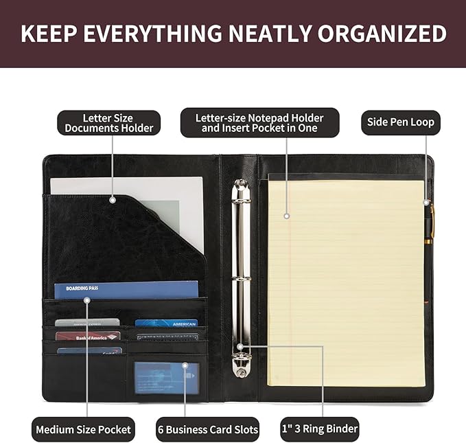 Geslun Vegan Leather 3 Ring Binder, 8.5 x 11 Letter Size Folio with Pen Holder, Soft Notebook Portfolio Cover, Slim Notepad Padfolio Thin File Organizer for Work Executive Meeting, Black