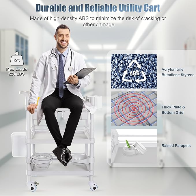 Mobile Medical Carts 3 Tier Professional Utility Cart 330 LBS Max Load Rolling Crash Cart Ultrasound Trolley with Wheels Drawers Dirt Bucket Sharps Box Storage Basket for Hospital Dental Clinic Home