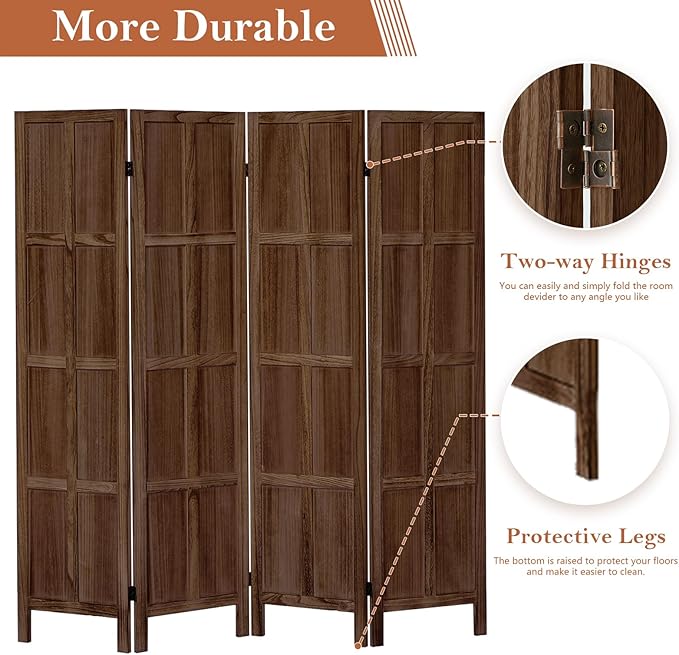 Leesinwing Wood Room Divider 4 Panel Folding Privacy Screen, Classic 5.6Ft Indoor Wooden Partition, Portable Partition Wall Divider for Room Separation, Home, Office, Bedroom, Restaurant (Brown)