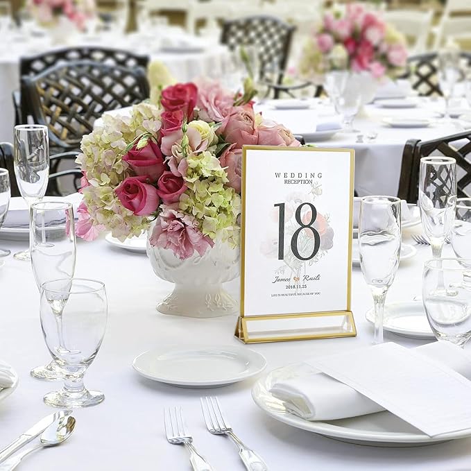 Smarpau Gold Acrylic Sign Holder 5x7, Double-Sided Display Stand, Clear Picture Frames/Flyer Holder/Menu Holder/Table Number for Wedding, Home, Offices(16Pcs)