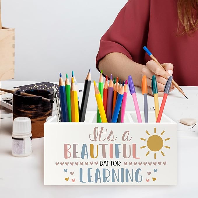 QZQE Boho Classroom Pen Pencil Holder Organizer for Desk, It's a Beautiful Day for Learning Wooden Box Signs Decorations for Home Office Desk Tabletop, Boho Classroom Decor