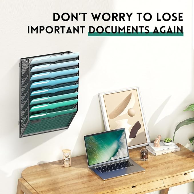 SUPEASY 8-Tier Wall File Organizer, Hanging Wall Files for Papers, Folders, Magazines, Wall Organizer for Clipboard, Assembly Needed, Black
