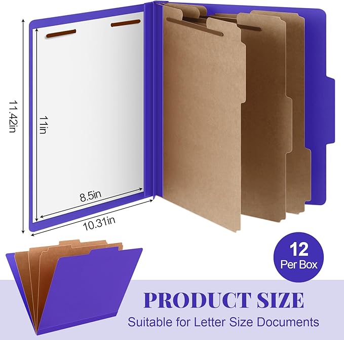 Skyygemm 12 Pcs Classification Folders Letter Size, 3 Divider Pressboard File Folder with Fasteners, Expanding File Organizer Bulk for School Teachers, Office Employee, Coworker, Staff (Purple)
