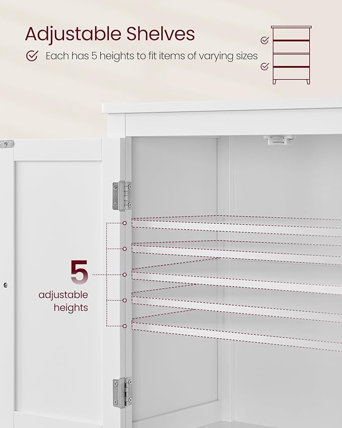 VASAGLE Floor Storage Cabinet, Freestanding Storage Unit with 4 Doors, Adjustable Shelves, 11.8 x 23.6 x 43.3 Inches, for Entryway, Bathroom, White UBBC552P31
