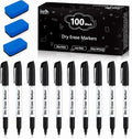 Lineon 100 Bulk Pack Black Whiteboard Markers with 3 Erasers, Fine Point Dry Erase Markers Perfect For Writing on Dry-Erase Boards, Glass for School Office Home