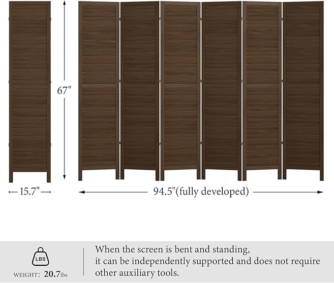 Room Partitions and Dividers, Temporary Wall with Double Hinges, 5.6 Ft Tall Folding Louver Wood Screen for Home Office Bedroom Hotel Decoration (6 Panels, Brown)
