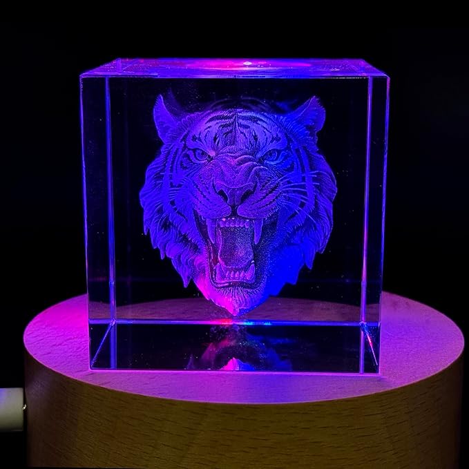 SHTWX 3D Angry Tiger Glass Paperweight(Laser Etched) in Crystal Cube Birthday (No Included LED Base)(2.3x2.3x2.3 Inch)