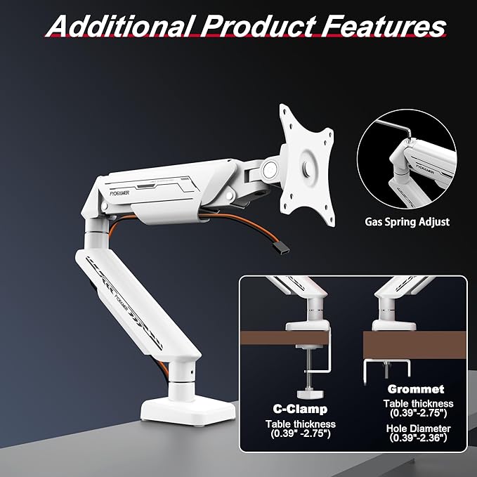 Fydeamer Monitor Arm for 17-35" Screens up to 24.2 lbs, Ergonomic Gas Spring Monitor Stand with Height Adjust, Tilt, Swivel & Cable Management, VESA Desk Mount with 2 Types of Installation, White
