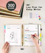 Hardcover Spiral Notebook 8.5"x11" Journal with Removable Dividers Tabs, 300 Pages Leather 5 Subject Notebook College Ruled, Large A4 Notebooks for Work School, Lined Journal for Women, A4 Flower