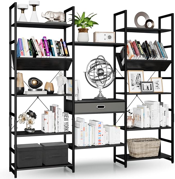 NUMENN Triple Wide 5 Tier Bookshelf, Adjustable Rustic Industrial Style Book Shelves, Modern Bookcases and Bookshelves Furniture for Bedroom, Living Room and Home Office, Elegant Black