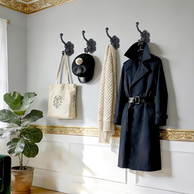 4 Pcs Black Coat Hooks Wall Mount, Matte Metal Hat Hooks for Entryway, Cubicle, Mudroom, Bathroom, Heavy Duty Vintage Decorative Wall Hooks for Towel, Key, Robe, Backpack, Purse, Bag, Clothes, Jacket