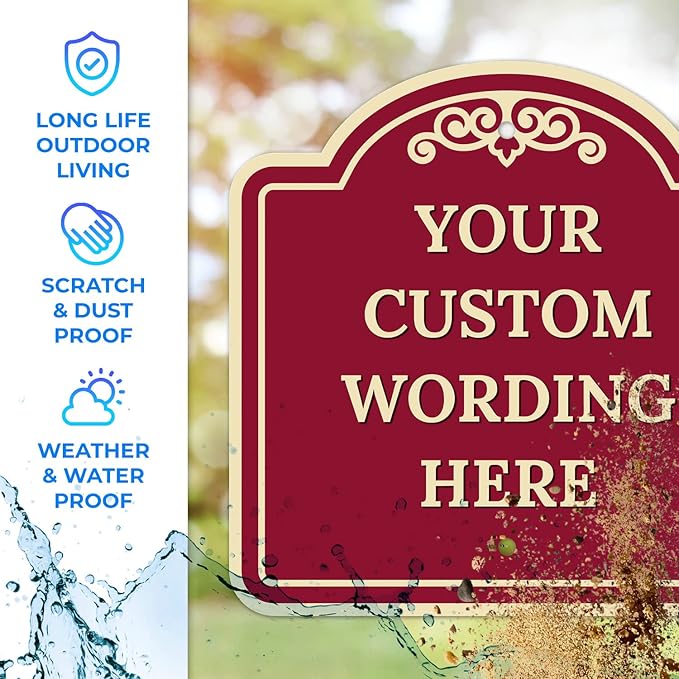 Custom Decorative Sign, Personalized Metal Sign for Business, Driveway, Home, Airbnb, Office Door Plaque,Burgundy Background Sign, 18x18 Inches, ACM, Fade Resistant, Made in USA by Sigo Signs