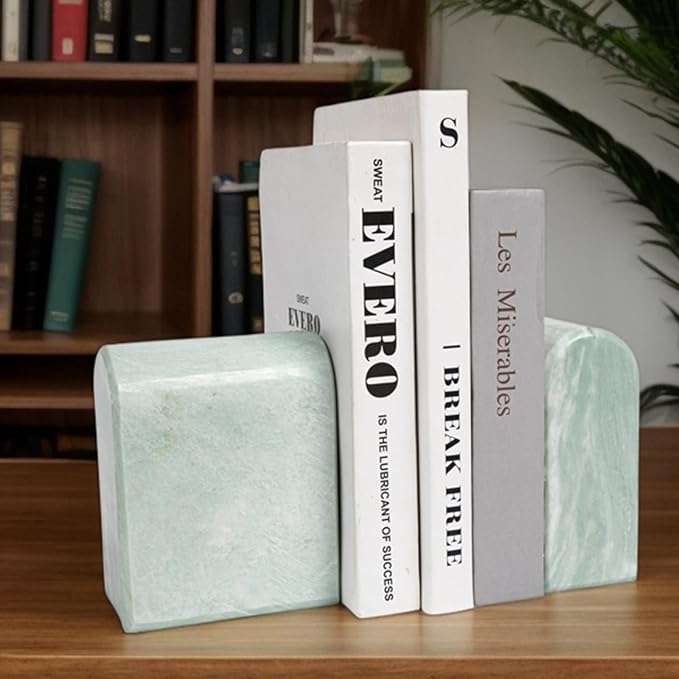 Faticdorr Luxury Marble Bookends for Shelves, 13LB Heavy Duty Marble Book Ends for Heavy Books, Stone Bookends Decorative, Polished, Light Green Arch, Set of 2