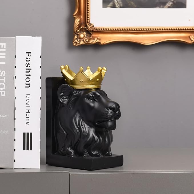 Kakizzy Book Ends Decorative, Lion Bookends for Shelves, Animal Book Stopper Decorative, Modern Book Ends for Heavy Books, Lion Figurines Statues Indoor, Unique Book Lover Gift(Black Lion)