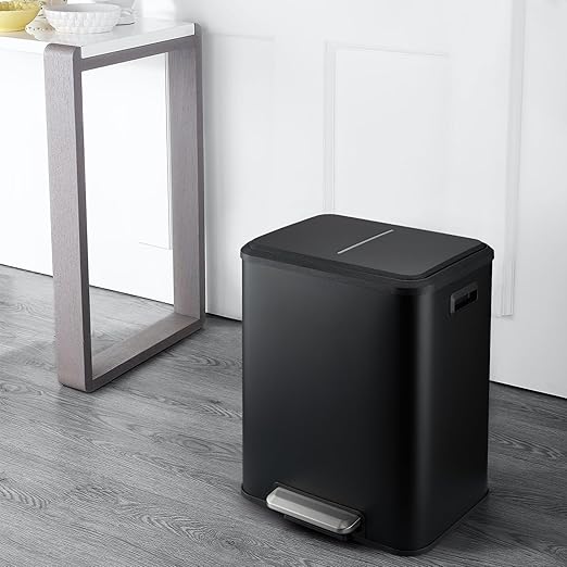 MilleLoom 30L/8 Gallon Trash Can - 2 x 4 Gal Dual Compartment Stainless Steel Kitchen Recycling Trash Can, Soft-Close Lid, Removable Plastic Inner Bucket, Double Waste Bin for Home Office - Black