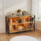 Horizontal Bookshelf,Industrial Modern 5 Cube Low Wide Cubby Bookcase with led Light,Long Wood and Metal Storage Organizer Open Shelf, Short Book Shelf Bedroom Storage for Home Office Living Room(Oak)