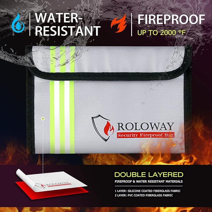 ROLOWAY Small Fireproof Bag (5 x 8 inches) with Reflective Strip, Non-itchy Fireproof Money Bag for Cash, Valuables, Passport, Currency & Keys (2-Pack Silver)