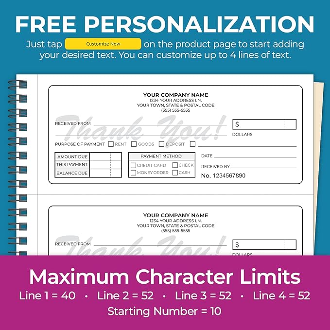 Custom 8.5" x 7" (3 Per Page) Carbonless NCR Books in 2-Part Duplicate Invoices, Receipts, Work Orders, Sales Orders, Purchase Orders, Estimates, Quote Forms with Your Company/Business Name (150 Sets)