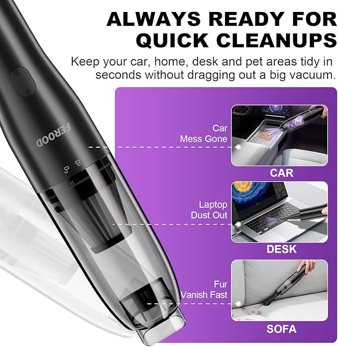 4-in-1 Car Vacuum, Mini Handheld Portable Cordless, 6.5kPa Strong Suction, Ultra-Quiet 60dB, 0.85 lb for Car, Desk & Small Spaces,USB-C Rechargeable 2 Washable HEPA Filters,Ideal Gifts for Men & Women