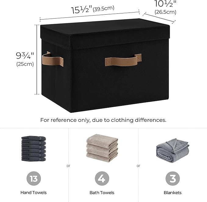 StorageWorks Fabric Storage Bins with Lid, Decorative Storage Boxes for Shelves, Stackable Closet Organizer Basket with Handles, Large, Black, 2-Pack