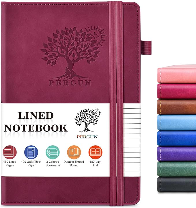 PERCUN Lined Journal Notebook for Men & Women, 160 Pages College Ruled Journal for Writing, A5 Hardcover Leather Notebooks for Work, School, Business, Travel, Daily Diary 5.9" x 8.5" (Burgundy)
