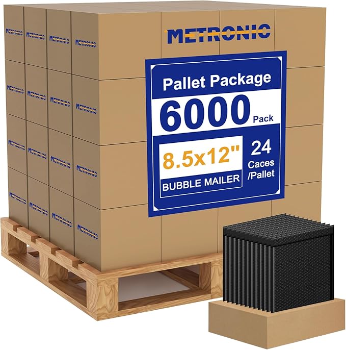 Metronic 6000 Pack Bubble Mailer 8.5x12 Inch Black Full Pallet Usable Size 8.5x11" Waterproof Padded Envelopes,Self-Seal Modern Bubble Mailers Cushioning for Business Shipping, Mailing, Packaging Bulk