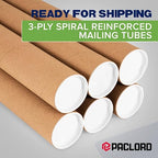Paclord 3" x 60" Reinforced Kraft Paper Mailing Tube, Pack of 4 Tubes with 8 Caps – Secure USPS Approved Poster Tube – Cardboard Tube for Shipping and Storing Posters, Prints, Artwork, or Documents