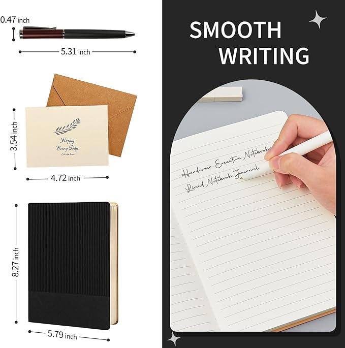 TSFPapier A5 Lined Notebook with Pen & Gift Box 216 Pages PU Leather Journals for Women Men 100GSM Thick Paper College Ruled Notebook for Christmas Gifts,School,Travel,Business,Work,Home Writing (Black)