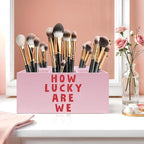 Exqcom Pink Positive Quotes Makeup Brush Holder, Pink Preppy Toothbrush Holders for Girls Bathroom, How Lucky Are We Pen Holder Organizer for Dorm Bedroom Desk Accessories