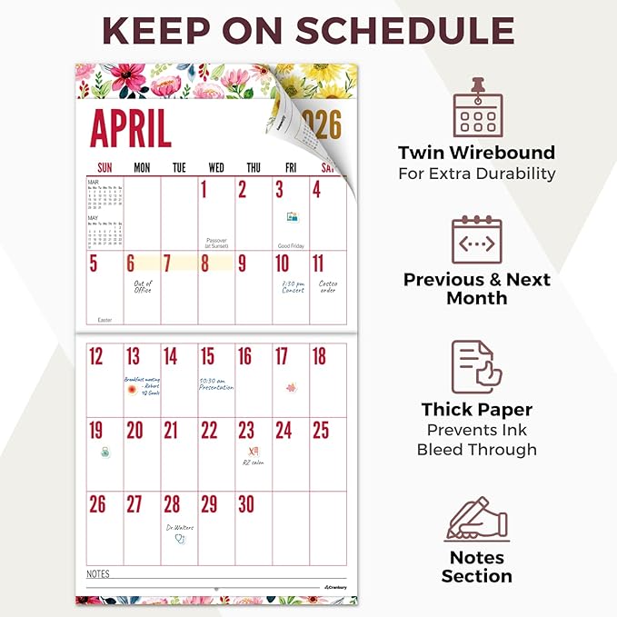 CRANBURY Large Print Wall Calendar 2026, 12x23" Open, 12 Months Floral Designs, Use Jan to Dec 2026, Big Numbers, Big Grid, Low Vision Calendar, Non-Glossy Paper for Easy Writing, Includes Planner Stickers