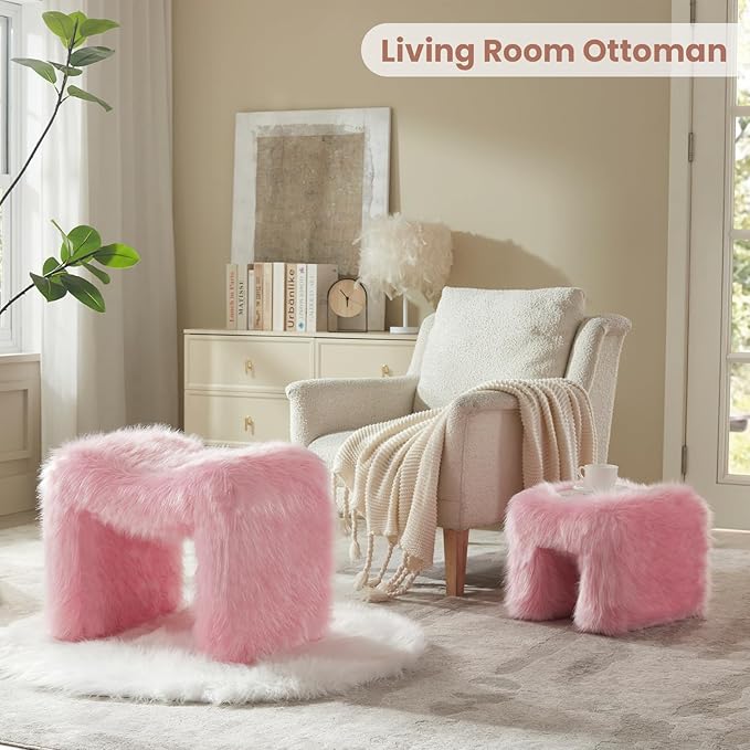 ZYKZYK Small Ottoman Set of 2 Vanity Stool Chair with Modern Ottoman Foot Rest M-Shaped Design for Bedroom Entryway Makeup Vanity Entryway (2-in-1) Pink