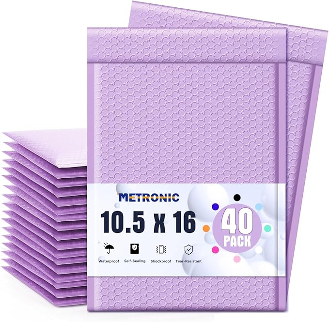 Metronic Bubble Mailers 10.5x16 Inch 40 Pack Lavender Purple Large Bubble Mailer Waterproof Padded Envelopes Mailing Envelopes Bubble Padded for Gift Packaging, Mailing, Shipping, Small Business