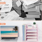 LEKETREE Desk Organizers and Accessories, 5-Tier Paper Letter Tray Organizer with File Holder, Desktop Organizer for Office Supplies (Pink)