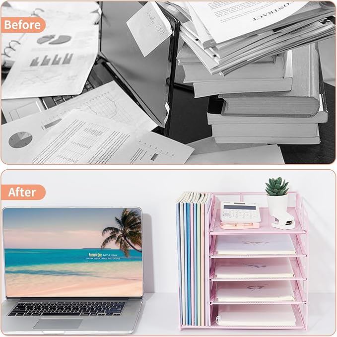 LEKETREE Desk Organizers and Accessories, 5-Tier Paper Letter Tray Organizer with File Holder, Desktop Organizer for Office Supplies (Pink)