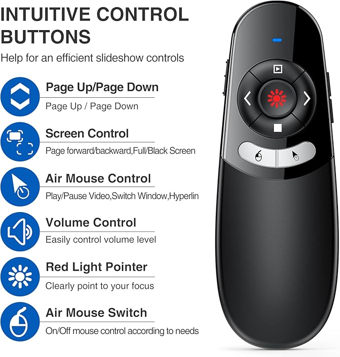 DINOSTRIKE 2 in 1 Type C and USB Presentation Clicker with Air Mouse Control, RF 2.4GHz Wireless Presenter Remote PowerPoint Clicker Slide Pointer Advancer for Computer Laptop Classroom Office
