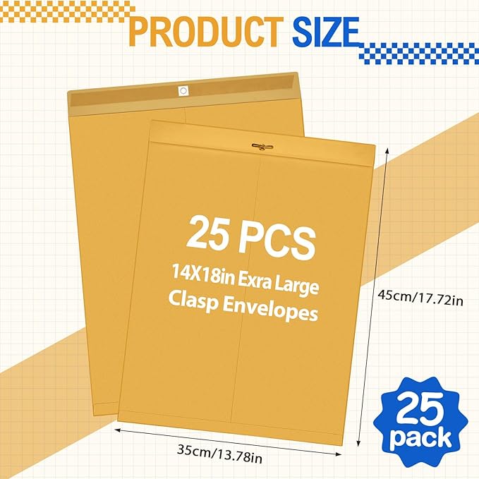 Motipuns 25 Pcs Manilla Envelopes 14 x 18 Inch Large Clasp Envelope Catalog Envelopes with Clasp Closure for Mailing Thick Documents Home, Business, Legal or School Storing Mailing (Golden)