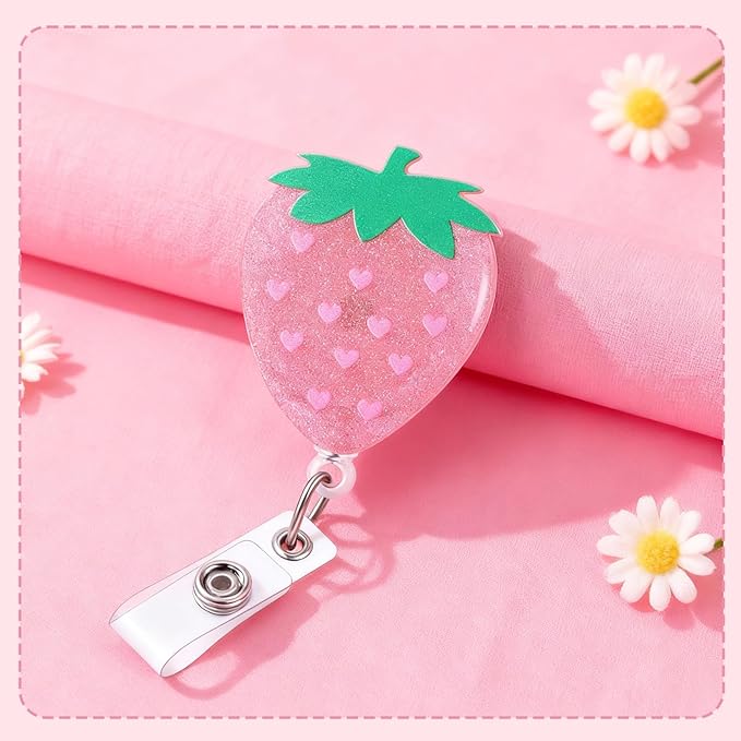 2Pcs Strawberry Badge Reel Retractable Personalized ID Name Badge Holder with Retractable Clip | Cute Nurse Gifts, Funny Badge Holder
