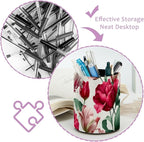Leather Pen Holder for Desk Tulips Pattern Pencil Cup Desktop Organizer Makeup Brush Holders Office Supplies for Home, Kids & School