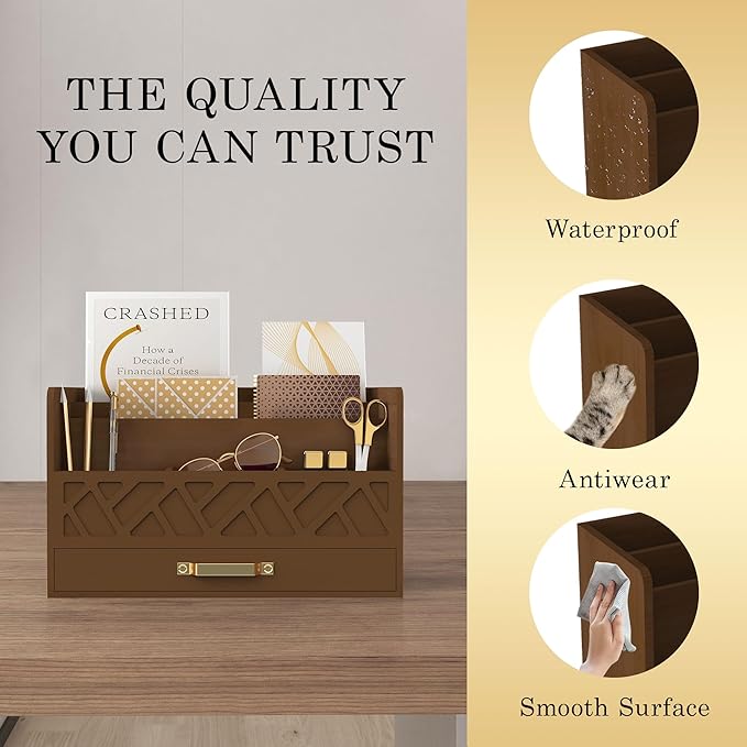 WISUCART Bamboo Mail Organizer Countertop Wood Desk Organizer Drawer Tabletop Storage Box Letter Sorter Makeup Organizer for School Home Office Supplies Brown