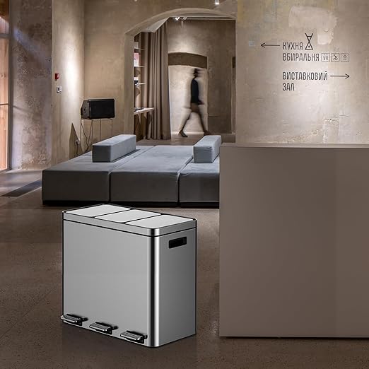 OUTLANE 60L 3-Compartment Stainless Steel Recycling Bin, Step Pedal, Quiet Close, Removable Liners, Fingerprint Resistant, Indoor Waste Bin for Home/Office, 37.6x63x58cm