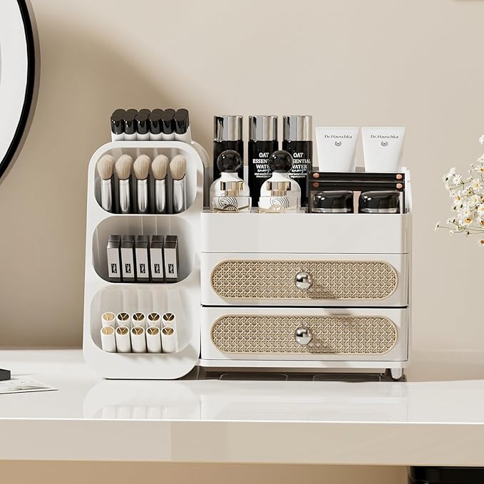 KQJS Makeup Organizer with Drawers,Large Capacity Countertop Organizer for Vanity,Bathroom and Bedroom Desk Cosmetics Organizer,Easy To Storage Skincare,Brushes,Lotions,Lipstick (All white)