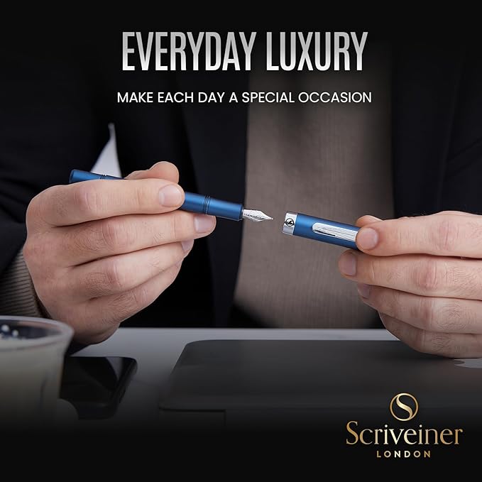 Scriveiner Luxury EDC Fountain Pen (Medium), Stunning Matt Blue Pocket Pen, Chrome Finish, Schmidt German Nib, Converter, Best Writing Pen Gift Set for Men & Women, Nice Fancy Office Designer Pen