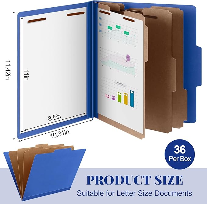 Skyygemm 36 Pcs Classification Folders Letter Size, 3 Divider Pressboard File Folder with Fasteners, Expanding File Organizer Bulk for School Teachers, Office Employee, Coworker, Staff (Dark Blue)